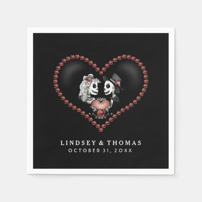 Halloween Black & White Skelette & Heart Wedding Serviette (Vorderseite)