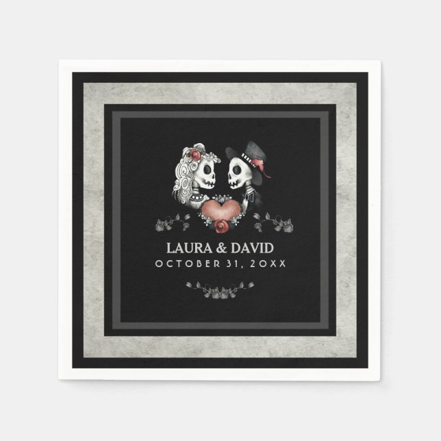 Halloween Black & White Skelette & Heart Wedding Serviette (Vorderseite)