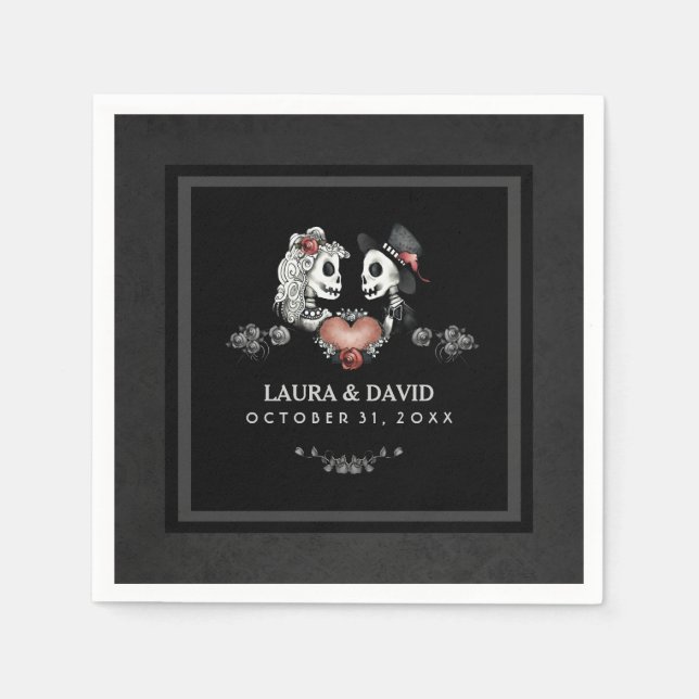 Halloween Black & White Skelette & Heart Wedding Serviette (Vorderseite)