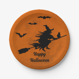 Halloween Black Wicked Witz Flying Orange Moon Pappteller