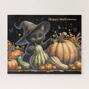 Halloween Black Witch's Kitten W/ Pumpkins Gourds
