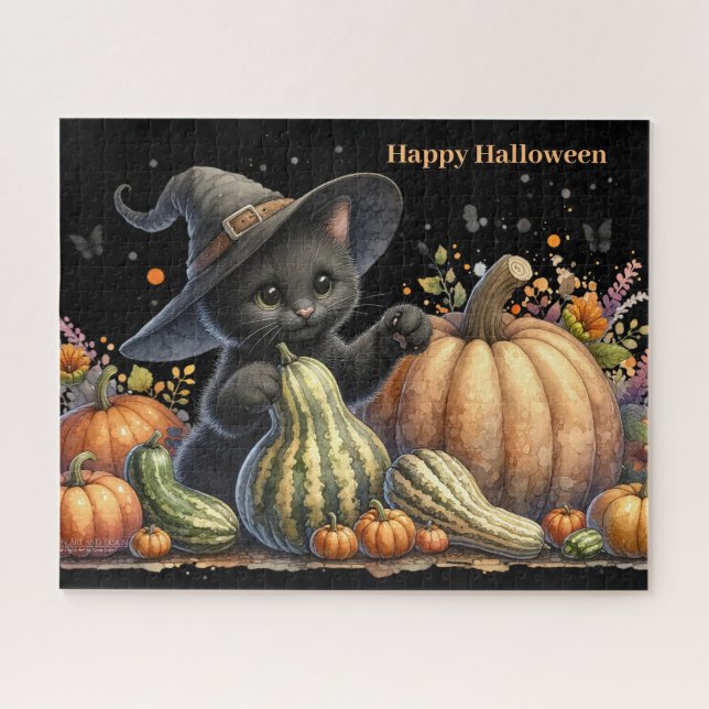 Halloween Black Witch's Kitten W/ Pumpkins Gourds (Horizontal)