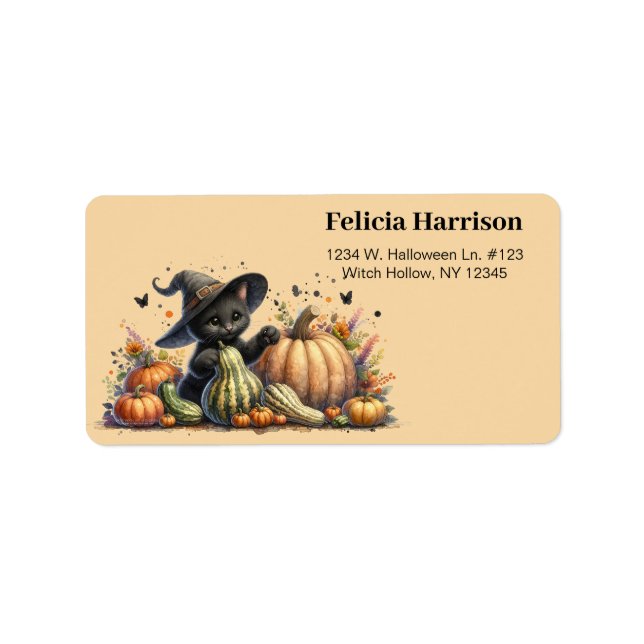 Halloween Black Witch's Kitten W/ Pumpkins Gourds Adressaufkleber (Vorne)
