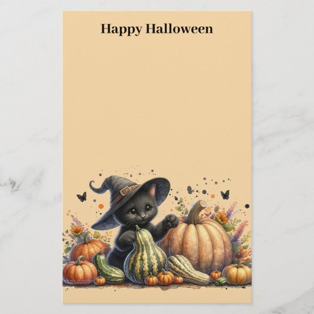 Halloween Black Witch's Kitten W/ Pumpkins Gourds Briefpapier (Vorderseite)