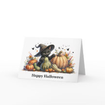 Halloween Black Witch's Kitten W/ Pumpkins Gourds