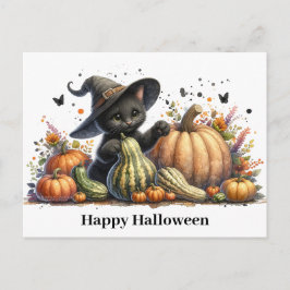 Halloween Black Witch's Kitten W/ Pumpkins Gourds Feiertagspostkarte