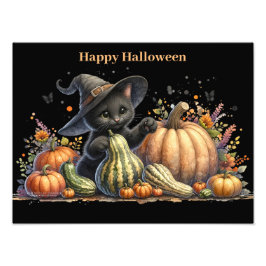Halloween Black Witch's Kitten W/ Pumpkins Gourds Fotodruck