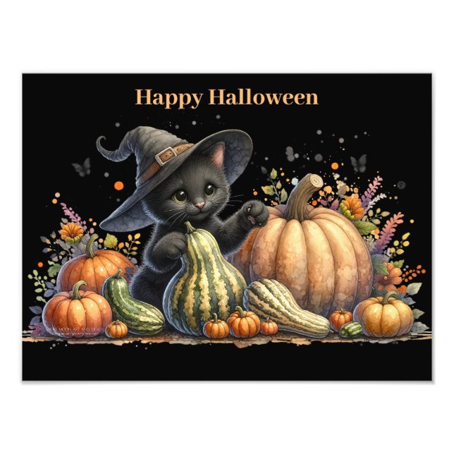 Halloween Black Witch's Kitten W/ Pumpkins Gourds Fotodruck (Vorne)