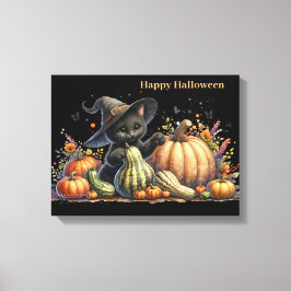 Halloween Black Witch's Kitten W/ Pumpkins Gourds Leinwanddruck