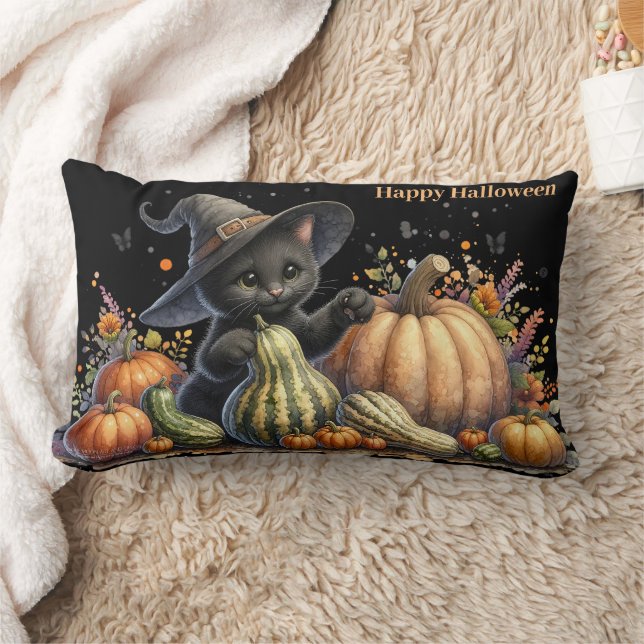 Halloween Black Witch's Kitten W/ Pumpkins Gourds Lendenkissen (Decke)