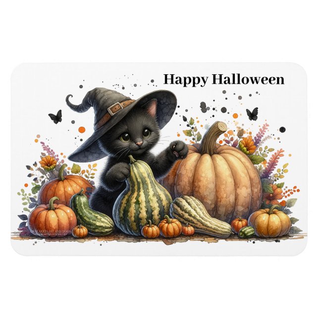 Halloween Black Witch's Kitten W/ Pumpkins Gourds Magnet (Horizontal)