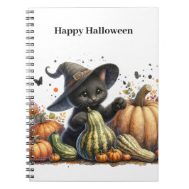 Halloween Black Witch's Kitten W/ Pumpkins Gourds Notizblock