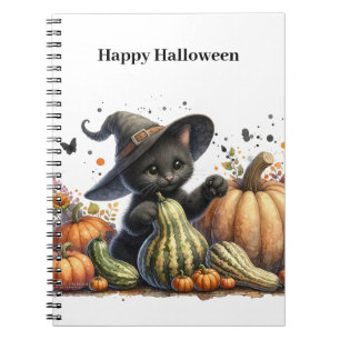 Halloween Black Witch's Kitten W/ Pumpkins Gourds Notizblock