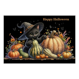 Halloween Black Witch's Kitten W/ Pumpkins Gourds Poster