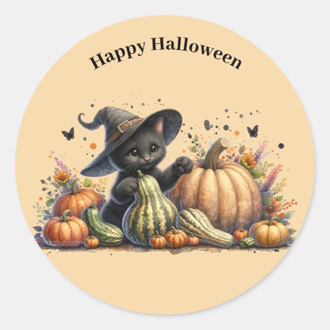 Halloween Black Witch's Kitten W/ Pumpkins Gourds Runder Aufkleber (Vorderseite)