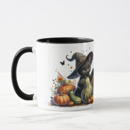 Halloween Black Witch's Kitten W/ Pumpkins Gourds Tasse