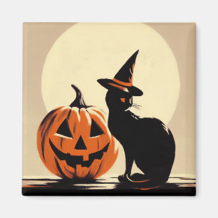 Halloween Black Witchy Cat und Pumpkin Magnet