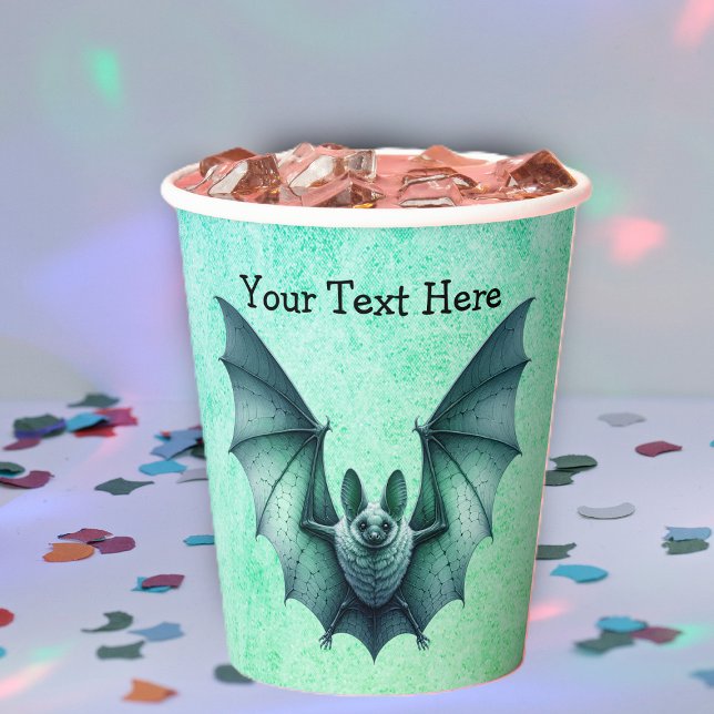 Halloween Blau Grüne Fliegende Fledermaus Behaarte Pappbecher (Flying bluish green bat furry body on mix of blues greens Halloween paper party cup.)