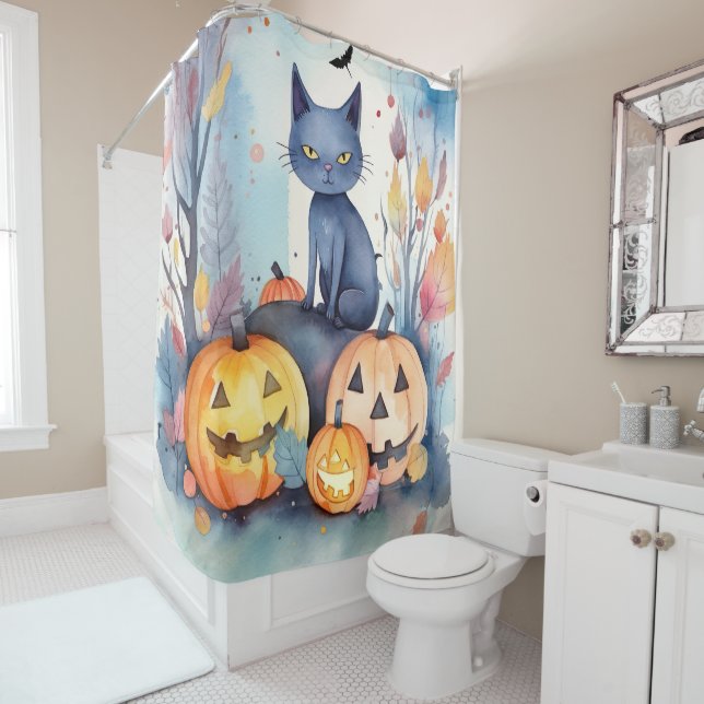 Halloween-Blue Cat mit Pumpkins Beängstigend Duschvorhang (Beispiel)