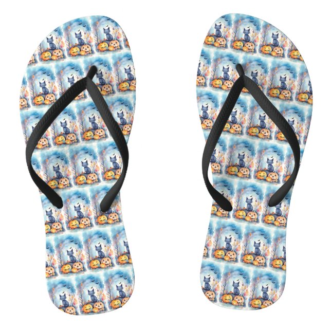 Halloween-Blue Cat mit Pumpkins Beängstigend Flip Flops (Fußbett)