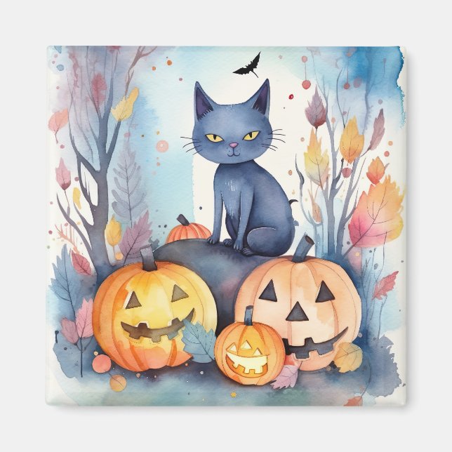 Halloween-Blue Cat mit Pumpkins Beängstigend Magnet (Vorne)