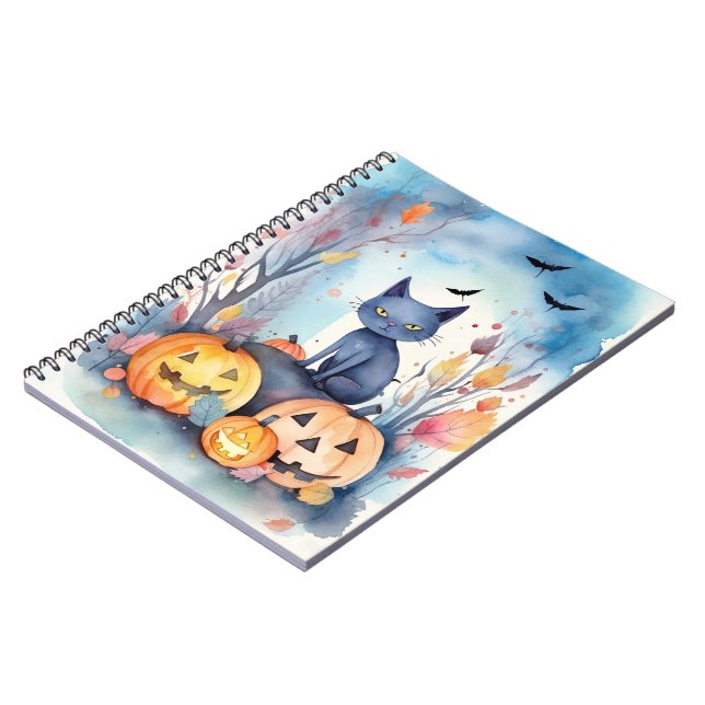 Halloween-Blue Cat mit Pumpkins Beängstigend Notizblock (Linke Seite)