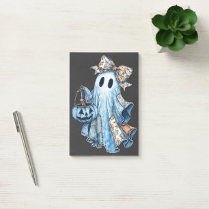 Halloween Blue Denim Boo Ghost Floral Coquette Bow Post-it Klebezettel