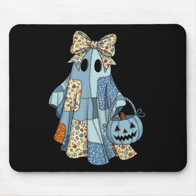 Halloween Blue Denim Ghost Trendy Denim Patchwork Mousepad (Vorne)