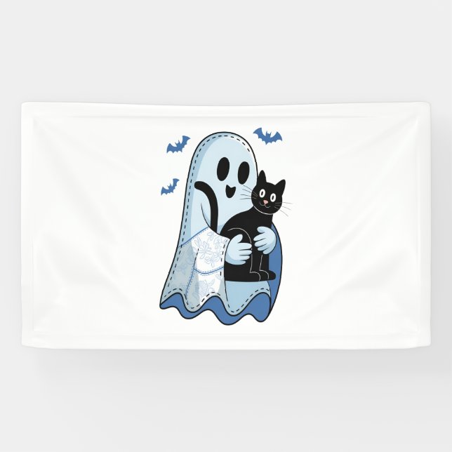 Halloween Blue Denim Ghost und Cat Banner (Horizontal)