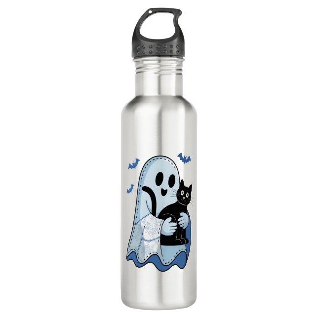 Halloween Blue Denim Ghost und Cat Edelstahlflasche (Vorderseite)