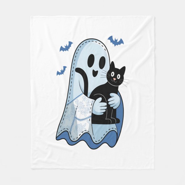 Halloween Blue Denim Ghost und Cat Fleecedecke (Vorderseite)