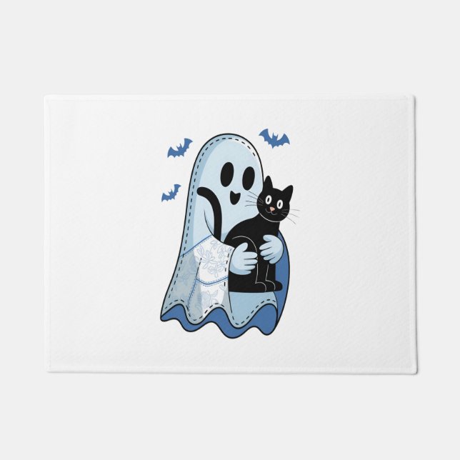 Halloween Blue Denim Ghost und Cat Fußmatte (Vorderseite)