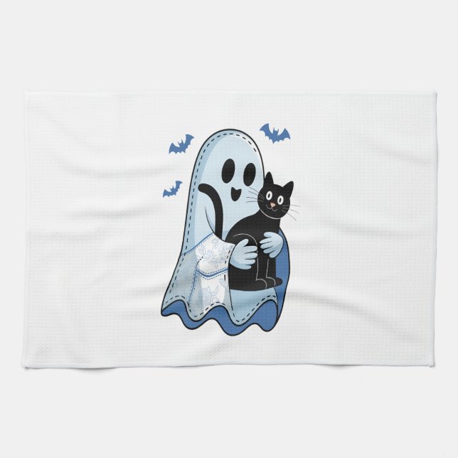 Halloween Blue Denim Ghost und Cat Geschirrtuch (Horizontal)