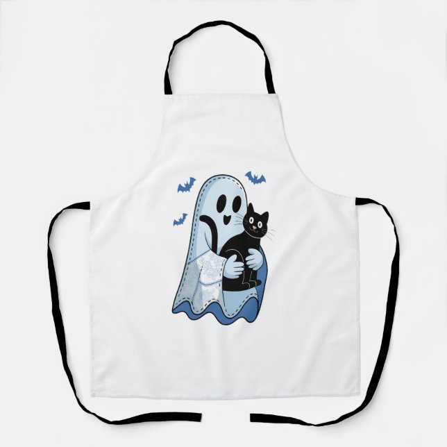 Halloween Blue Denim Ghost und Cat Schürze (Vorderseite)