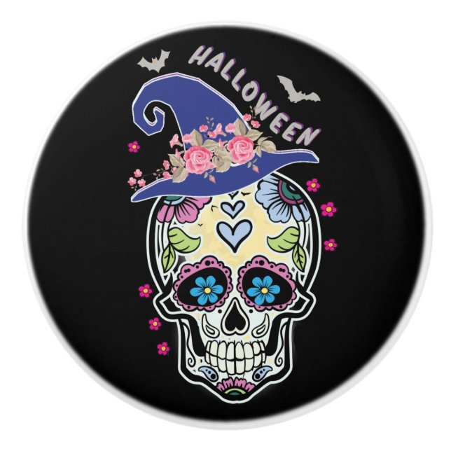 Halloween Blume Skull Keramikknauf (Vorderseite)