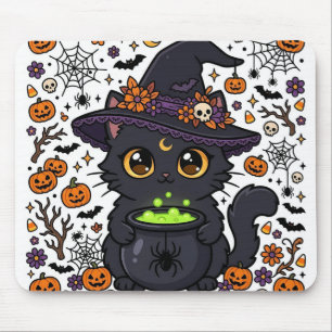 Halloween-Blumen-Hexe-Katze-Kürbis-Gruseliger-Schr Mousepad