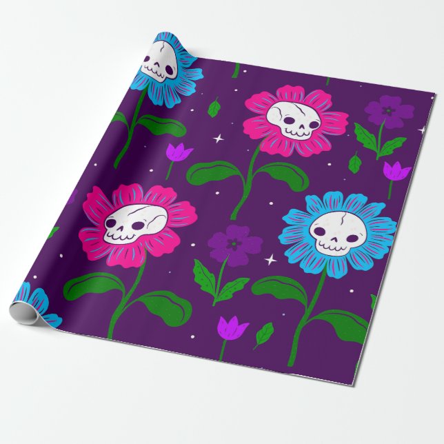 halloween blumenschädel Blume lila Geschenkpapier (Ungerollt)
