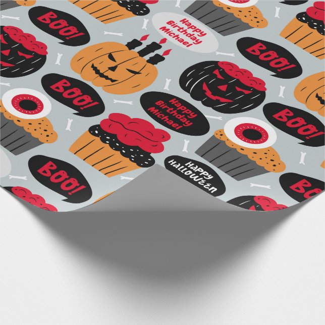 Halloween BOO Geburtstag Add Name Pumpkins Cupcake Geschenkpapier (Ecke)