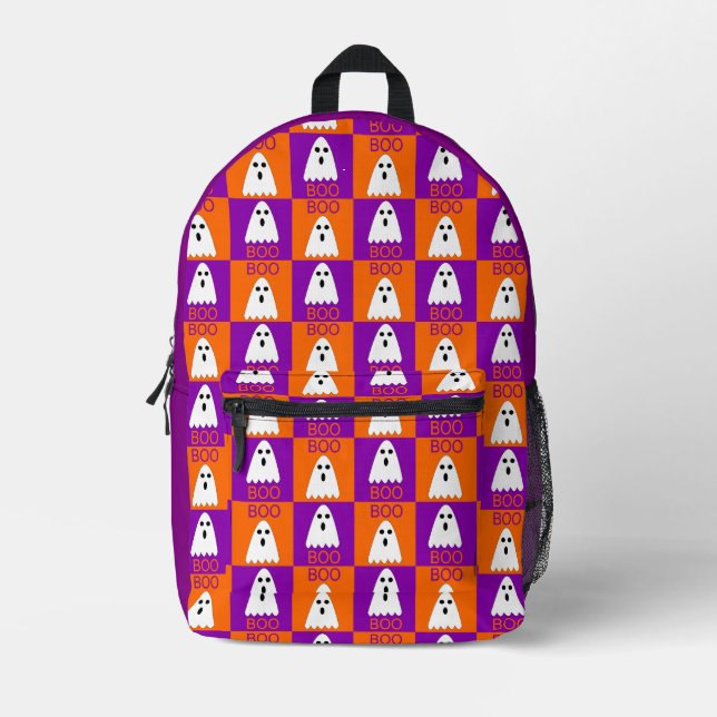 Halloween Boo Ghost Lila und Orange Squares Bedruckter Rucksack (Vorderseite)