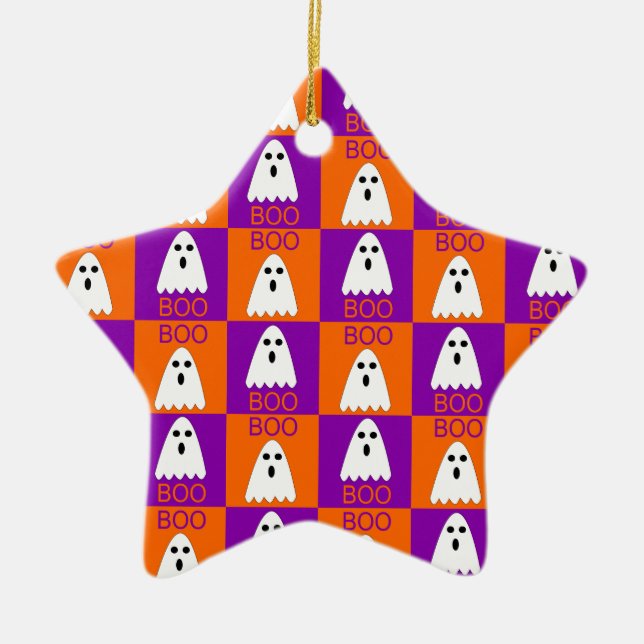 Halloween Boo Ghost Lila und Orange Squares Keramik Ornament (Vorne)