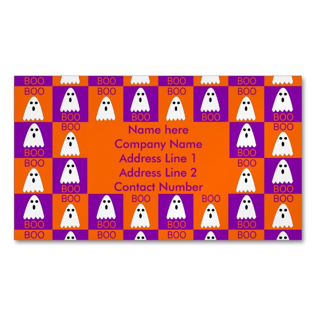 Halloween Boo Ghost Lila und Orange Squares Magnetische Visitenkarte (Vorderseite)
