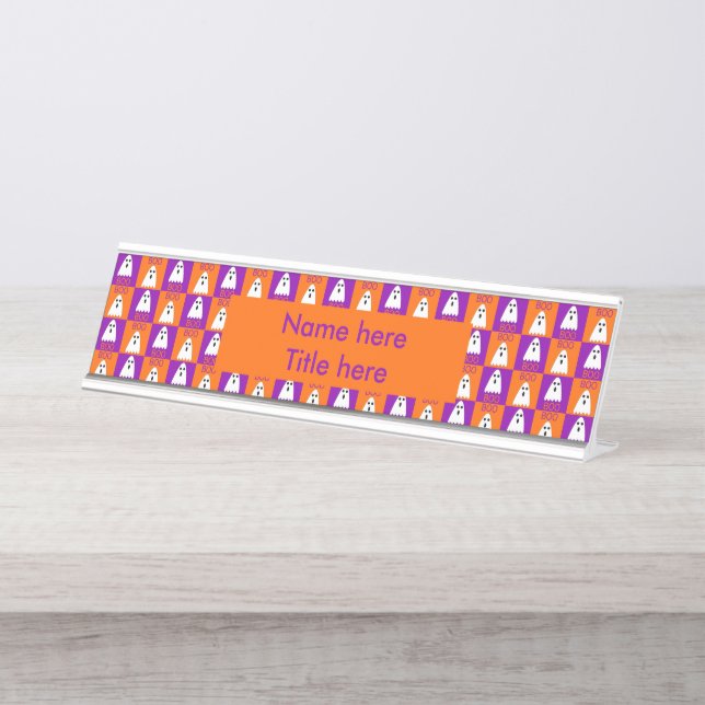 Halloween Boo Ghost Lila und Orange Squares Schreibtischnamensplakette (Vorderseite )