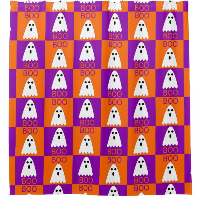 Halloween Boo Ghost Lila- und Orangenplätze Duschvorhang (Vorderseite)