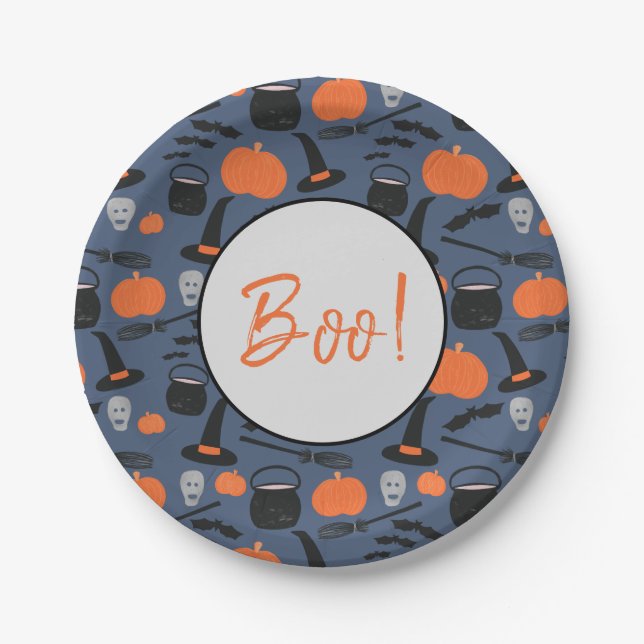 Halloween Boo Hexch Pumpkin Bat Broomstick Pappteller (Vorderseite)