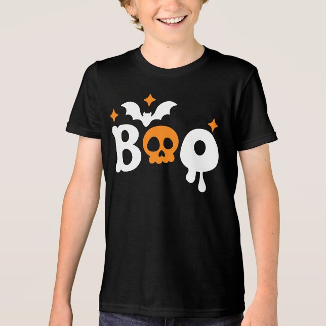 Halloween Boo Skull Bats Moderne Typografie Tri-Blend Shirt (Vorderseite)