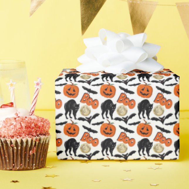 Halloween Bootboote Katzenkürbis und Mond Zeichnen Geschenkpapier (Geburtstagsparty)