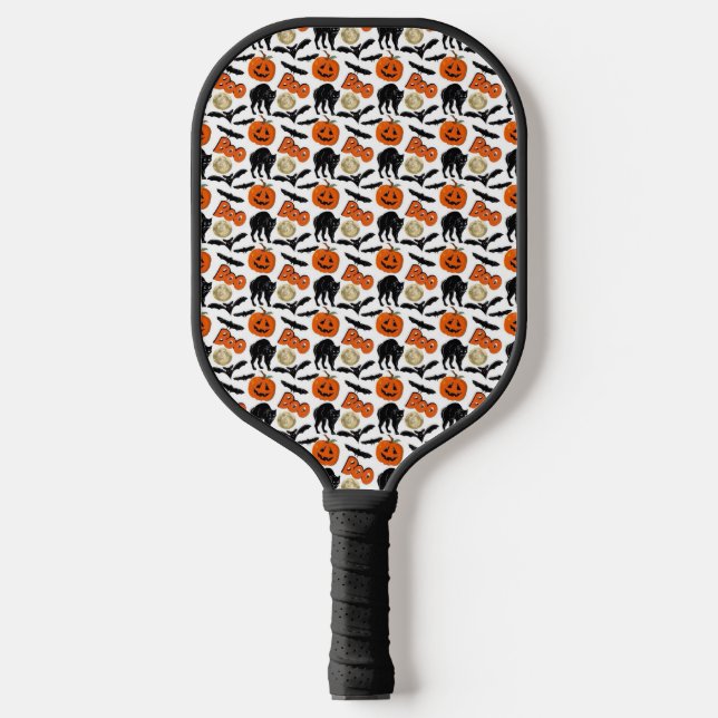 Halloween Bootboote Katzenkürbis und Mond Zeichnen Pickleball Schläger (Vorderseite)