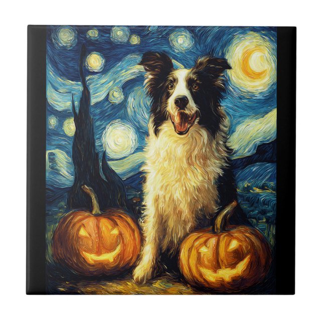 Halloween Border Collie Herbst Kürbis Fliese (Vorderseite)