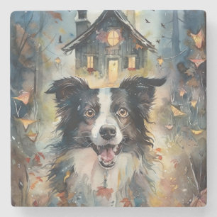 Halloween Border Collie mit Kürbissen Gruselig Steinuntersetzer