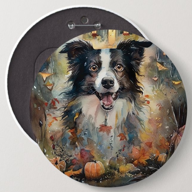 Halloween Border Collie mit Pumpkins Beängstigend Button (Vorne & Hinten)